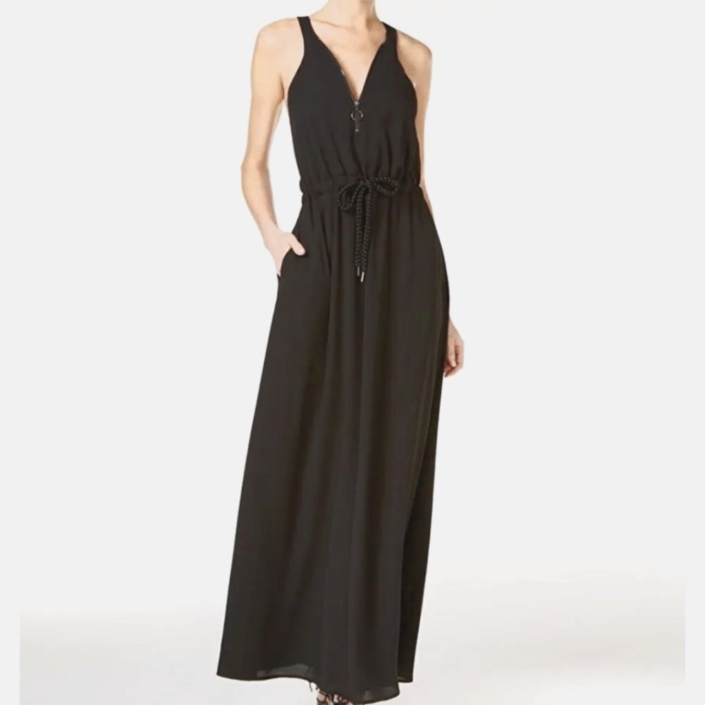 Guess Black Maxi Dress With Pockets and Zipper Detail